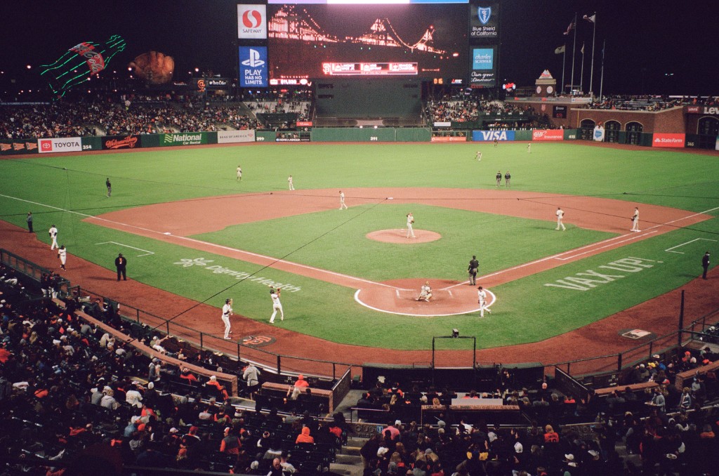 Oracle Park field during a 2021 Giants game at night
