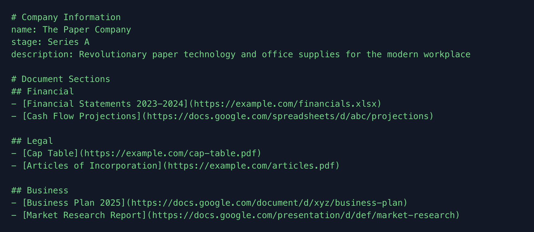 Document sections in the data room