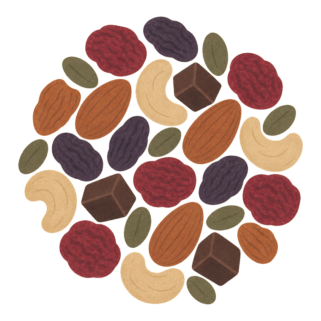 Abstract illustration of nuts, seeds, dried fruit, and chocolate